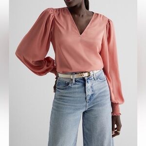 EXPRESS: satin v-neck long sleeve smocked cuff blouse